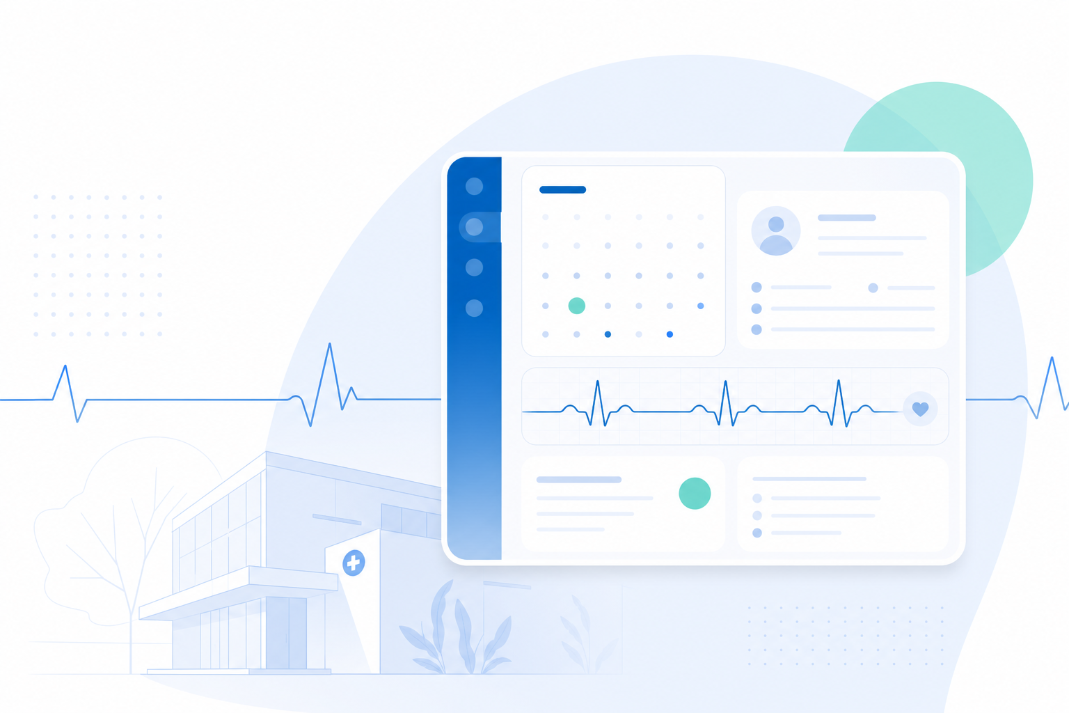 Kambi dashboard illustration showing calendar, patient records, and health analytics